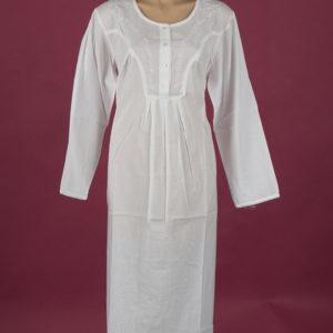 Star Dreamer White Cotton nightgown Flower embroidery on yoke & full length sleeve, ¾ length