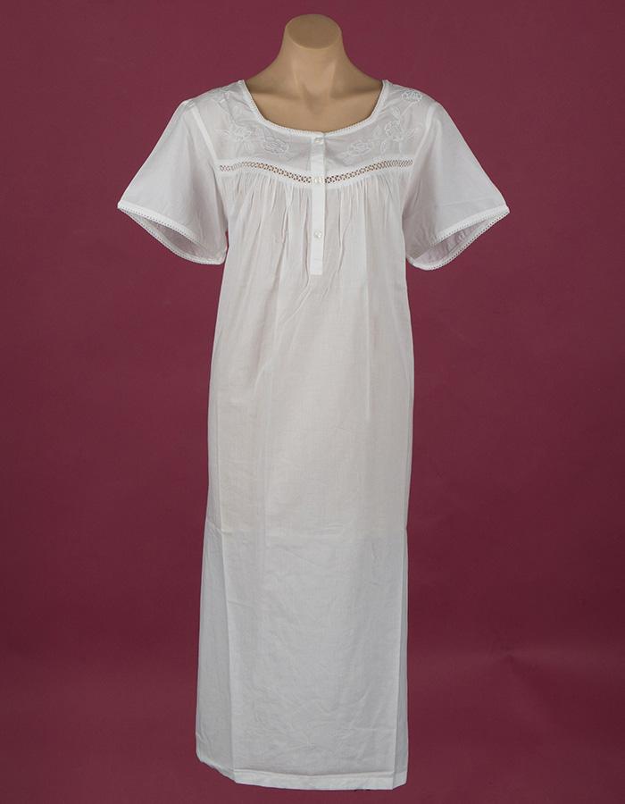 Star Dreamer White cotton nightie Embroidery on yoke Small pearly buttons ¾ length Dawhaven Australia Star Dreamer