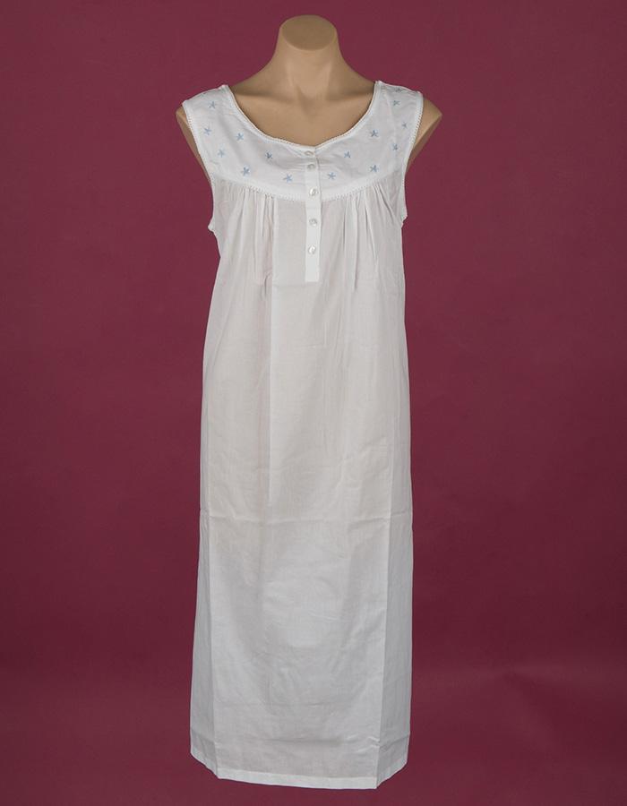 Star Dreamer **The Blue Star** White cotton nightdress, embroidery on bodice Small buttons ¾ length