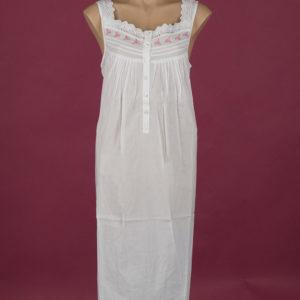 Star Dreamer White cotton nightgown. Pink rose embroidery on yoke, ¾ length Star Dreamer